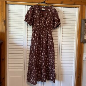 Universal Thread Brown Floral Midi Dress with Smocked Waist